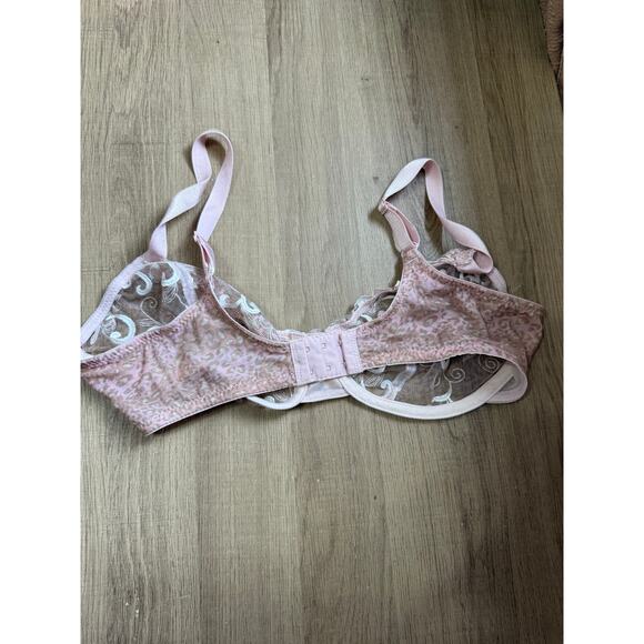 Sheer Embroidered Lace No Underwire Bra Pink Floral Mesh 40D - Picture 5 of 5